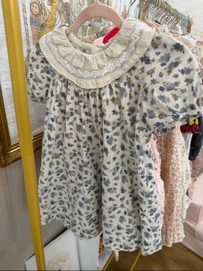 Girls Ruffled Lace Collar Floral Dress - Cream & Blue